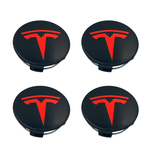 4 pieces. Red &amp; Black Tesla Center Caps 57mm 